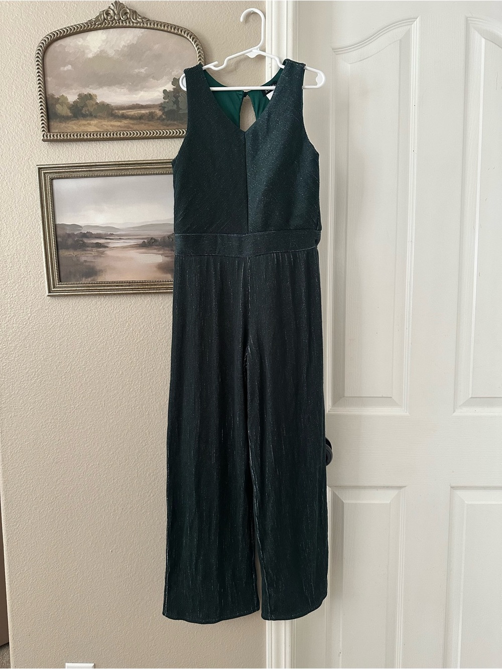 Zunie Dark Green Metallic V-Neck Wide-Leg Jumpsuit